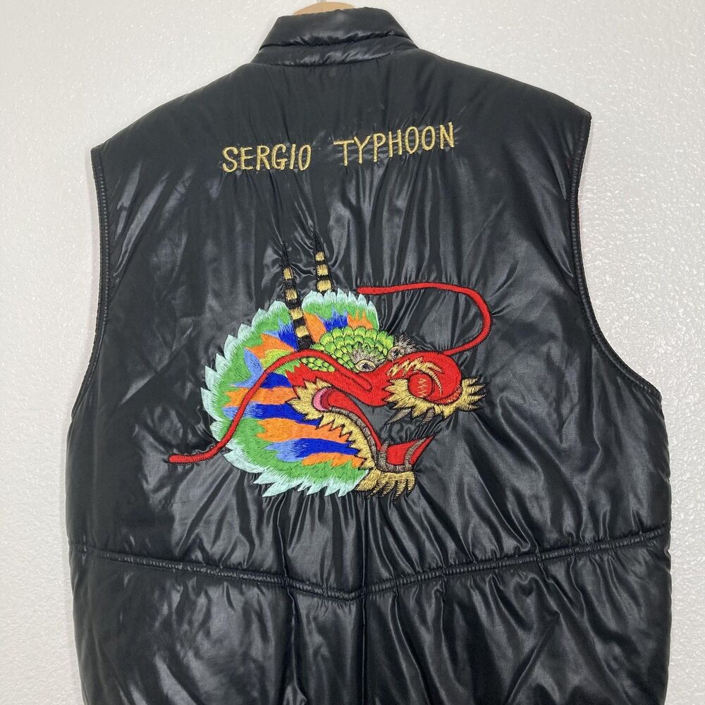 Sergio Valente Vest Mens Large Black Puffer Quilted Dragon Back Embroidered